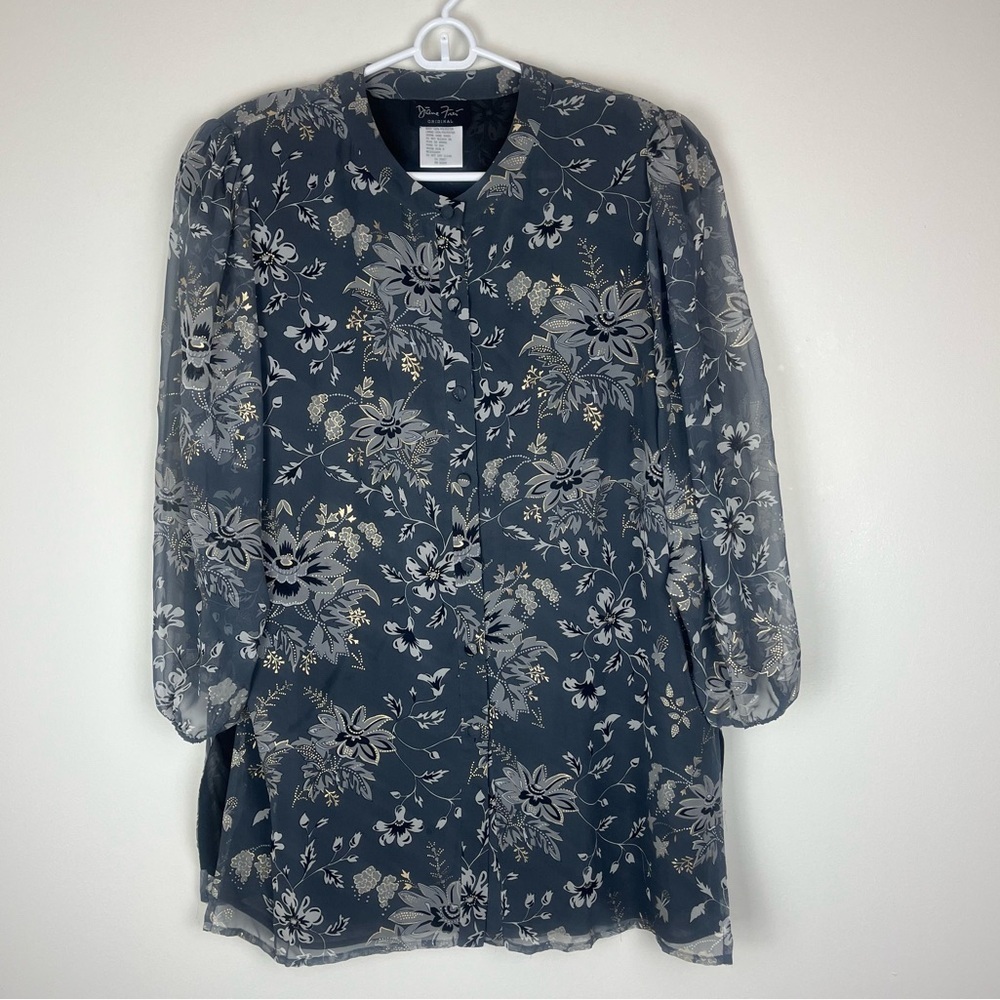 DIANE FREIS Vintage Grey Floral Long Sleeve Blouse